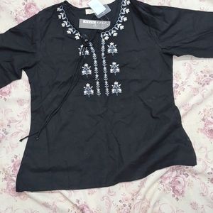 Branded Black Flower embroidery Cotton Top