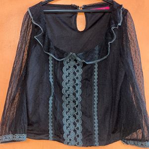 Black Deep Neck Net Top With Coller