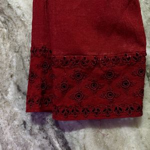 Red Pants With Embroidered Hem