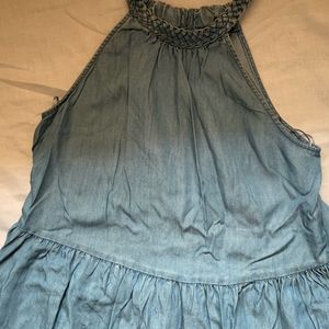 Blue Denim Halter Neck Full Length Dress