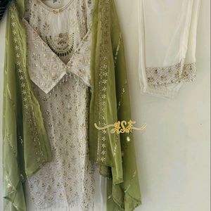 White And Green Embroidered Beautiful Churidhar