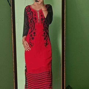 Red And Black Long Straight Embroidered Kurta