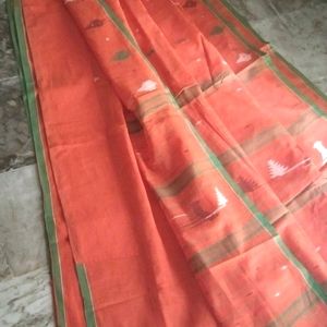 Soft Cotton Orange Thread Work Saree with फॉल