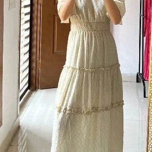 Cream Jacquard Tiered Midi Dress