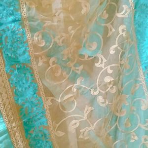 i bought this for my engagement i wore one day only and it is as new the gown is so beautiful the net sleeves and  with full embroided dupatta full size and plain leggings🤟