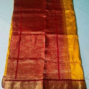 Yellow N Red Colour Pure Gadwal Saree