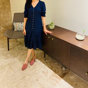 Navy Blue Cotton MIDI Dress