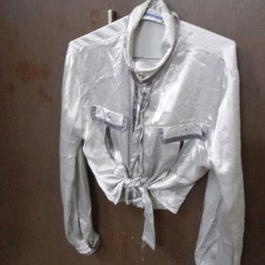 Silver Grey Party Wear Cropped Shirt