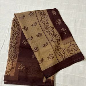 Dark Brown Cotton Saree with Blouse