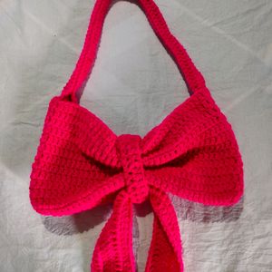 Hand Made Crochet Beautiful Bow Bag Bright Pink