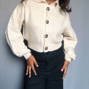 Crop Collared Puff Sleeve Cardigan