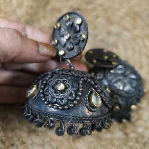 Oversized Antique Look Jhumkas With Polki Work