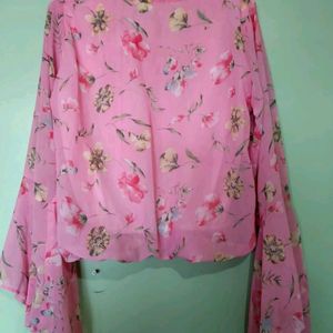 Pink Floral Top, Frill And Long Sleeve