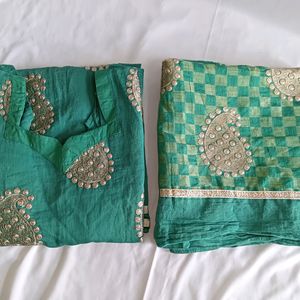 Embroidered Green Kurti With Dupatta Set