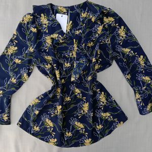 New Korean Ruffled Neck Navy Blue Blouse