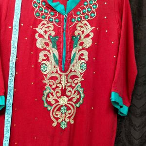 Embroidery Cotton Red kurti designer Rhinestone