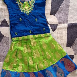 Chanderi Silk ,Green-Blue Pattu Pavadai For Girls