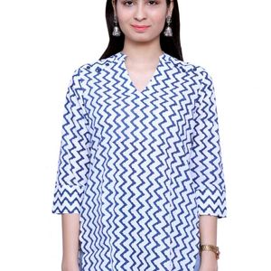 Short Kurti with White Base And Blue Stripe