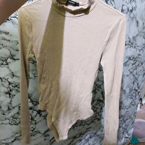 Forever 21 Full Sleeves Beige Ribbed Bodysuit