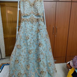 Dusky Blue Gown With Golden Thread Work