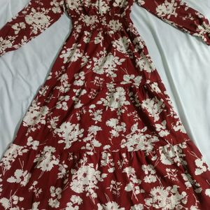 Maroon Mulvari Floral Print Flounce Sleeve