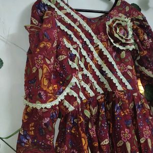 Maroon Colour Printed Wrap Dress With Multi Layer