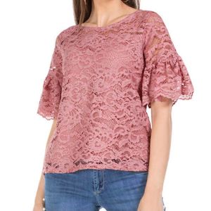 Pink Flared Sleeve Lace Top