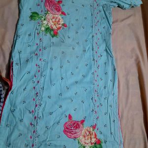 Teal Blue Coloured Buti Print With Thread and applique Work Kurti And Straight Pant.