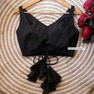 Black Cotton Backless V Neck Blouse