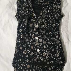 Black Colour Top With Golden Flower Print