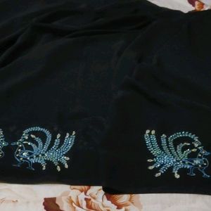 Black Saree with Hand Embroidery Peacocks