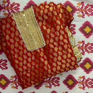 Red And Golden Banarasi Silk Kurta