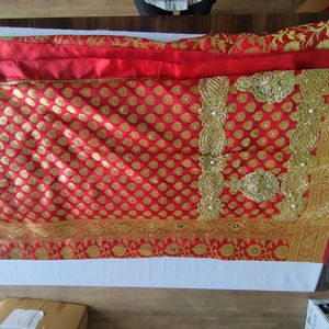 Red With Gold Floral Print Saree (Women's)