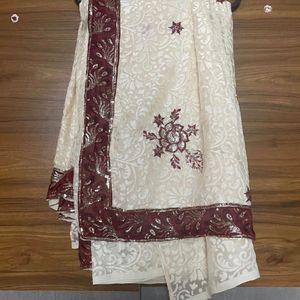 Cream Colour Saree With Maroon Border