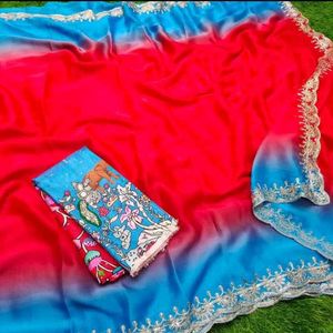 Reddish-blue Color Rangoli Sarees With Kalmkari Bl