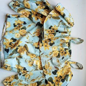 Blue Off Shoulder Crop Top With Yellow Floral Prin