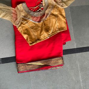 Red Saree With Golden Blouse