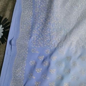 Sky Blue Ombre Shaded Rubber Print Saree With Fall