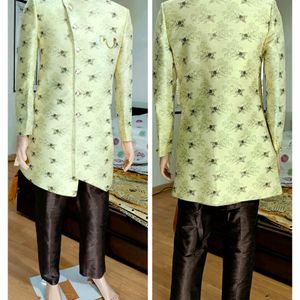 Men Wedding Pista Green Embroidery IndoWestern Set