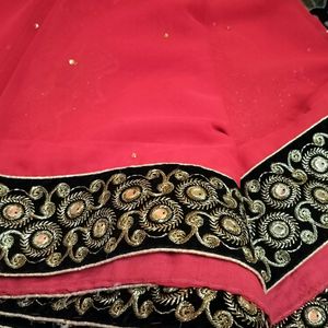 Red Saree With Velvet Gotta Patti