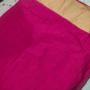 Hot Pink Artsilk With Golden Zari Border