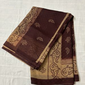 Dark Brown Cotton Saree with Blouse