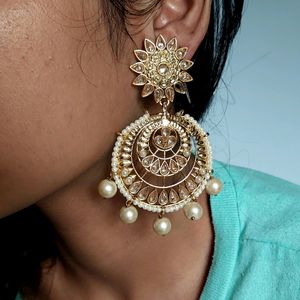 White Gold Pearl Kundan Chandbali Earrings