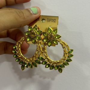 Elegant Golden Jhumkas with Green Stone for Women