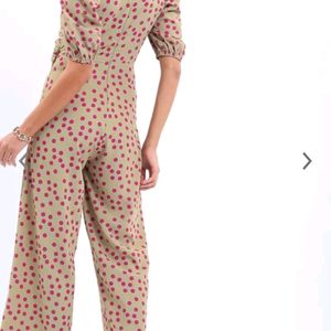 Beige Jumpsuit With Pink Podka Dots.