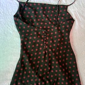 Zara Olive Green Polkadot Slit Dress