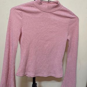 Shein Bell Shaped Sleeves Pink Ribbed Top