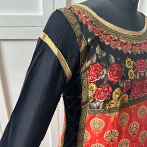 Black & Multicolour Print Anarkali With Dupatta