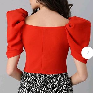 Red V-Neck Puff Sleeves Wrap Crop Top