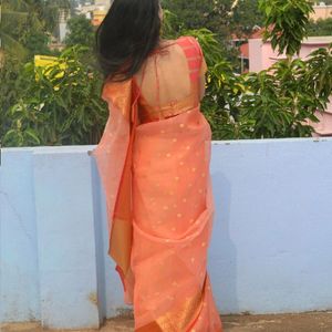 Organza peach Saree With Blouse